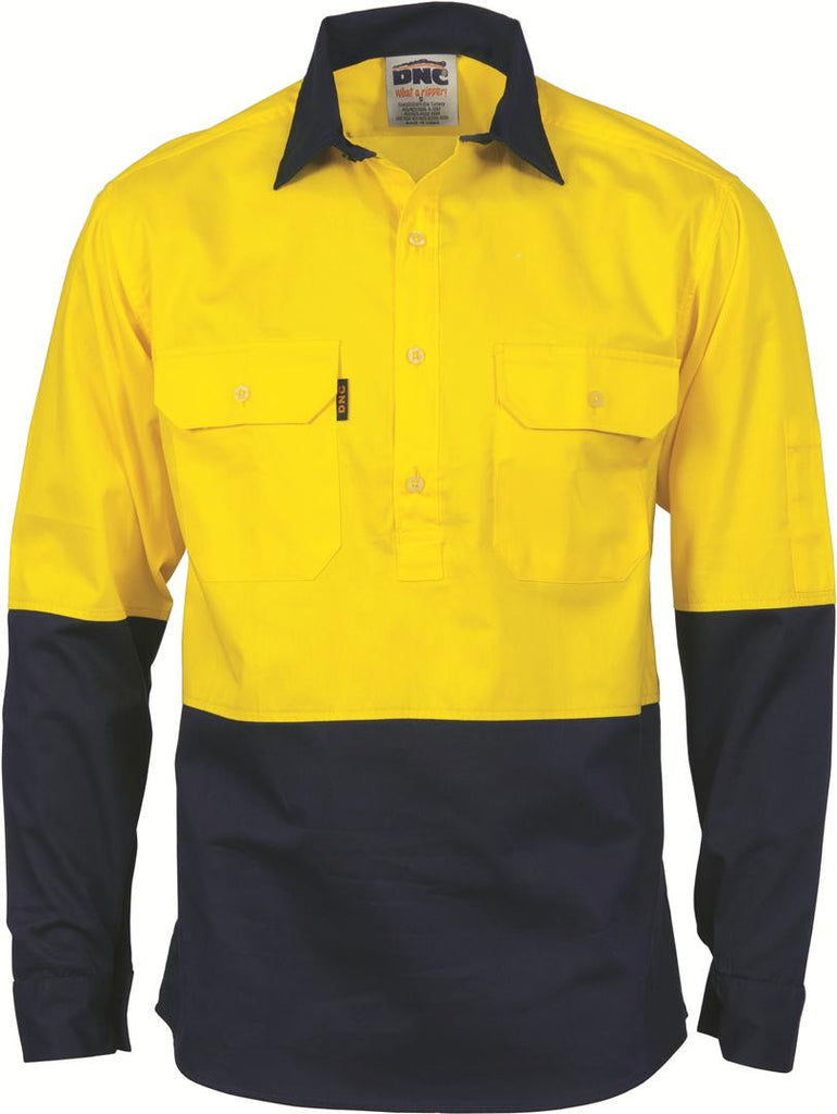 DNC HiVis Two Tone Close Front Cotton Drill Shirt - Long Sleeve, Gusset Sleeve (3834)
