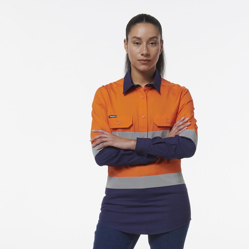K44544 Back King Gee Women's Workcool Vented Closed Front Reflective Shirt (K44230 ...