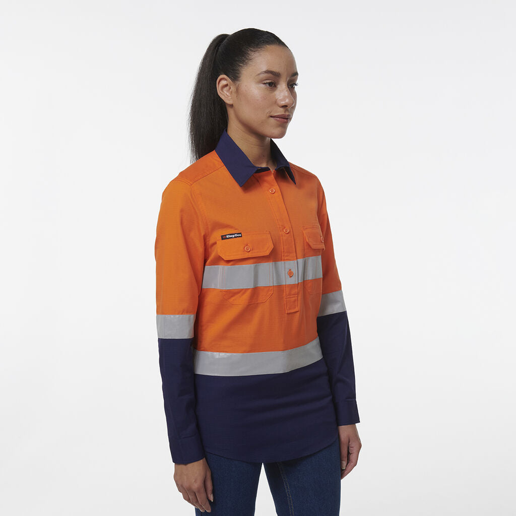 K44544 Back King Gee Women's Workcool Vented Closed Front Reflective Shirt (K44230 ...