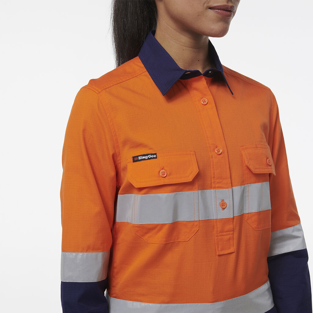 K44544 Back King Gee Women's Workcool Vented Closed Front Reflective Shirt (K44230 ...
