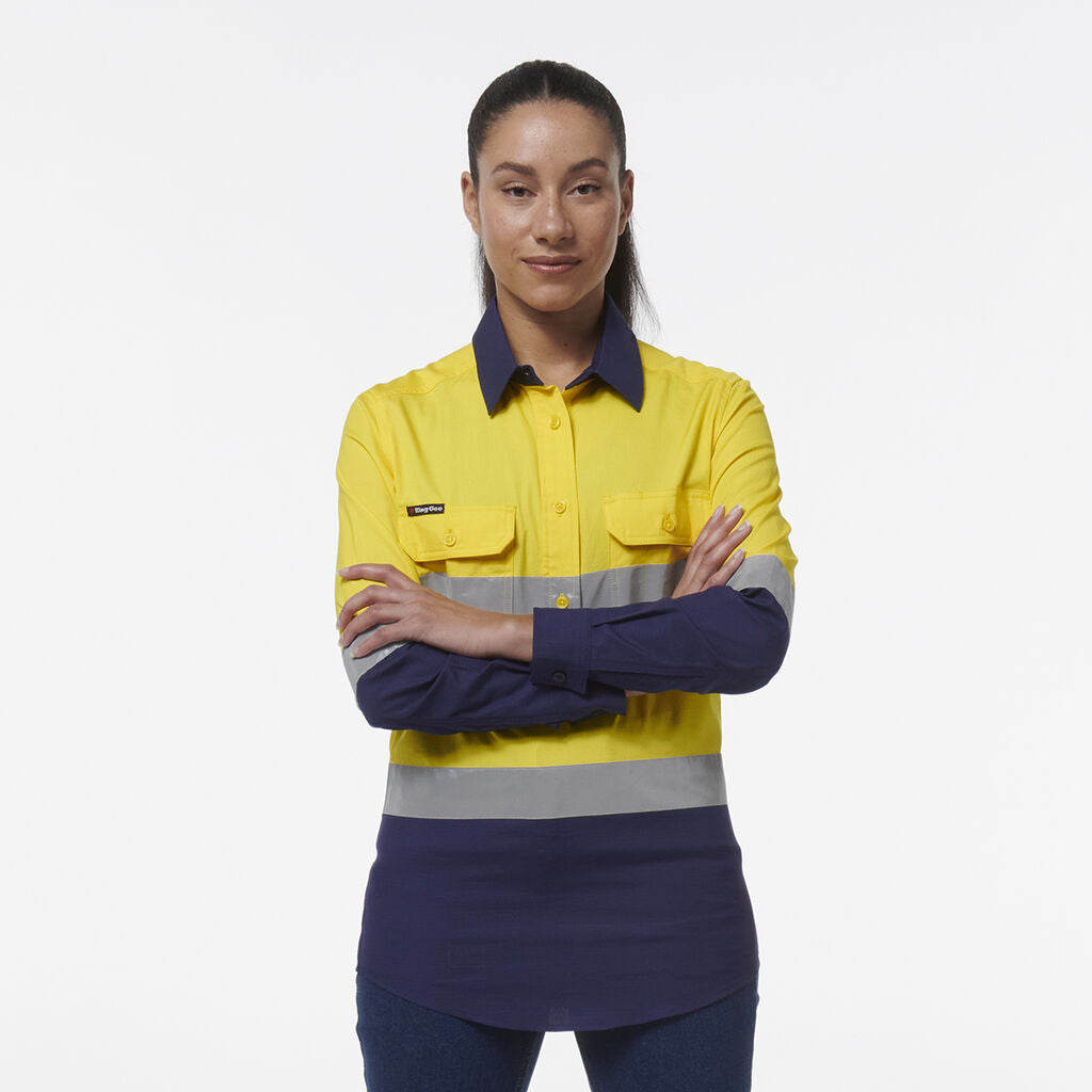 K44544 Back King Gee Women's Workcool Vented Closed Front Reflective Shirt (K44230 ...