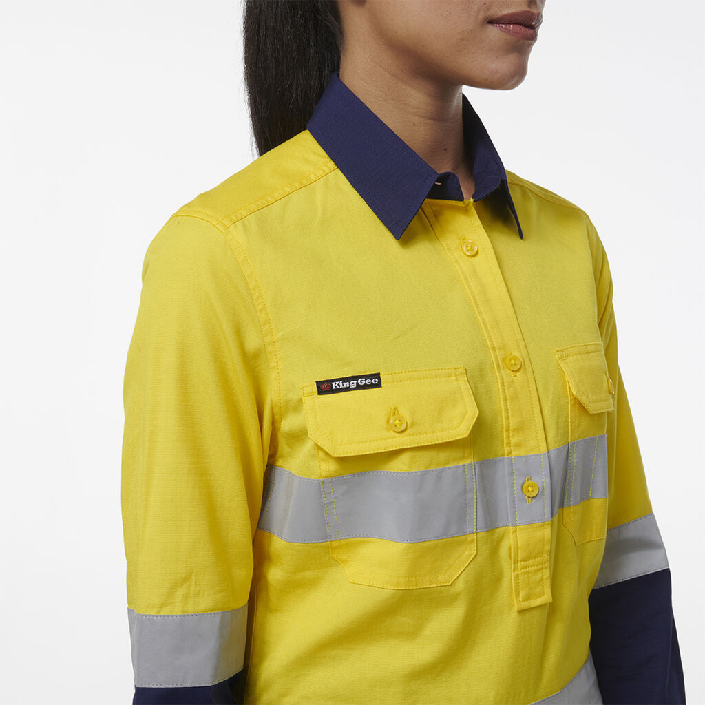 K44544 Back King Gee Women's Workcool Vented Closed Front Reflective Shirt (K44230 ...