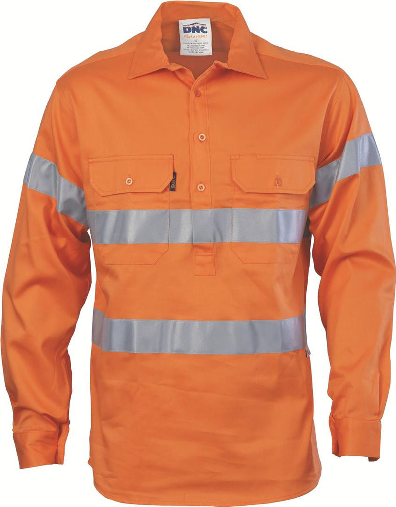 DNC HiVis Close Front L/S  Gusset Sleeve Cotton Drill Shirt with 3M R/T (3848)