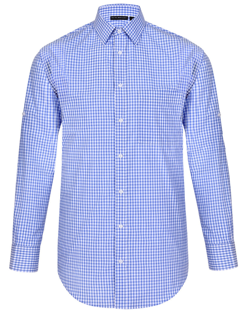 Winning Spirit Men’s Gingham Check Long Sleeve Shirt with Roll-up Tab Sleeve (M7300L)