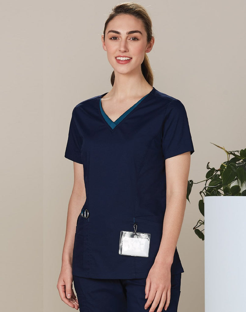 Wining Spirit Ladies V-neck Contrast Trim Scrub Top (M7660)