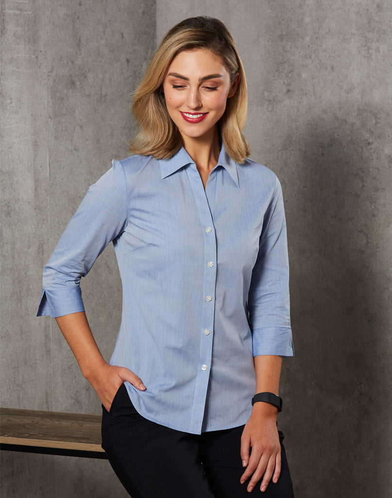 Winning Spirit Women's Fine Chambray 3/4 Sleeve Shirt (M8013)