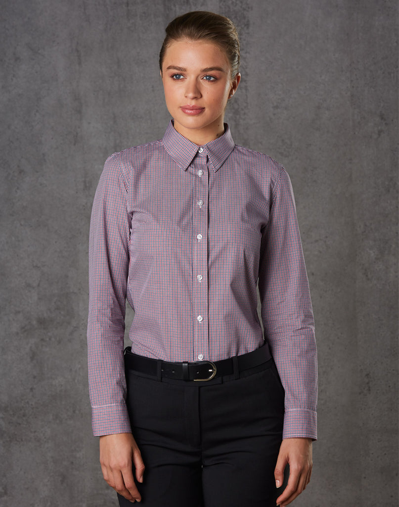 Winning Spirit Ladies Two Tone Mini Gingham Long Sleeve Shirt (M8340L)