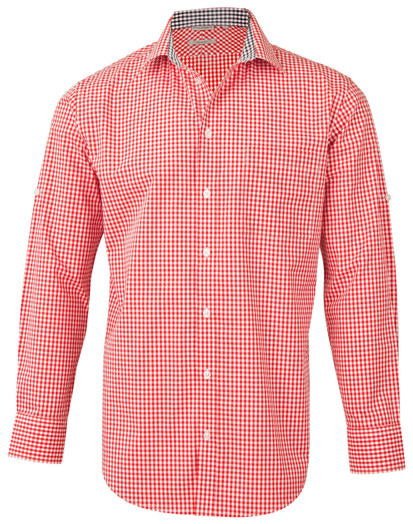 Winning Spirit Men’s Gingham Check Long Sleeve Shirt with Roll-up Tab Sleeve (M7330L)